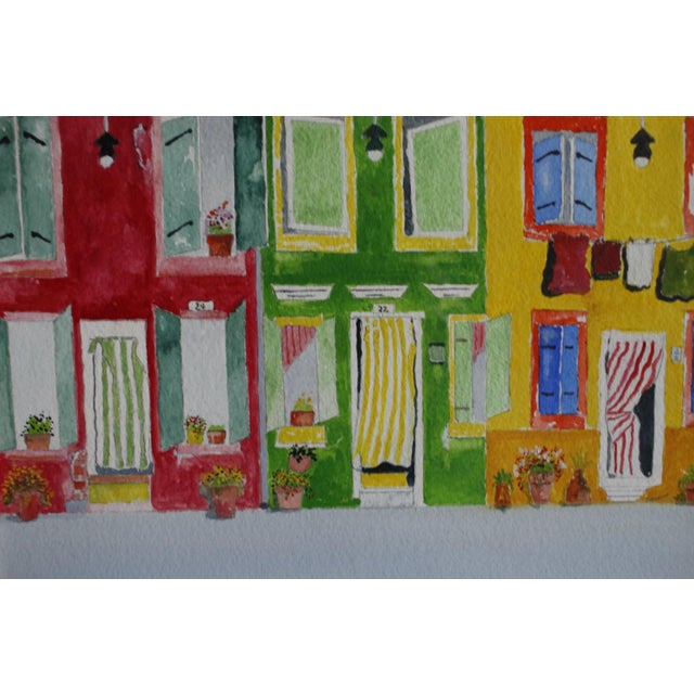 Red Mid-Century Style Signed Framed Expressionist Watercolor - Burano Canal Houses For Sale - Image 8 of 16