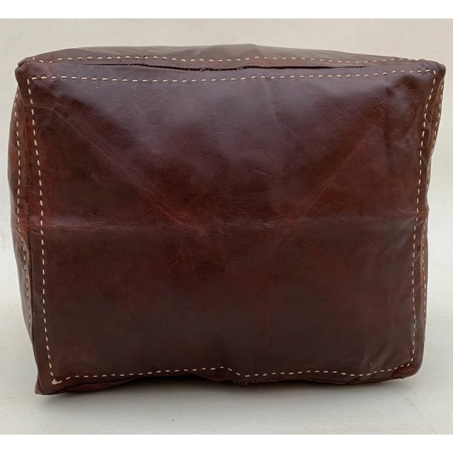 Square Brown Oxblood Red Embroided Moroccan Leather Pouf Cover For Sale - Image 6 of 11