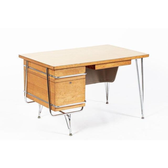 Wood Kem Weber Trimline Desk for Heywood Wakefield, Mid Century Modern Birch and Chrome Office Desk, 1950s For Sale - Image 7 of 16