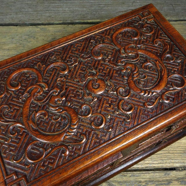 Brown Vintage Huali Wood Tabletop Cabinet, Double Dragon Relief Motif For Sale - Image 8 of 9