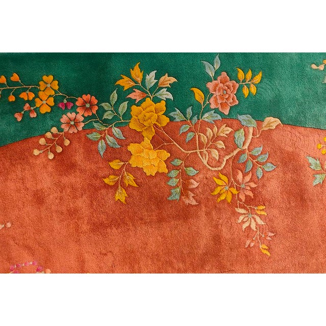 1920s Orange Open Field Floral Modern Antique Chinese Art Deco Knotted Wool Rug For Sale - Image 4 of 11