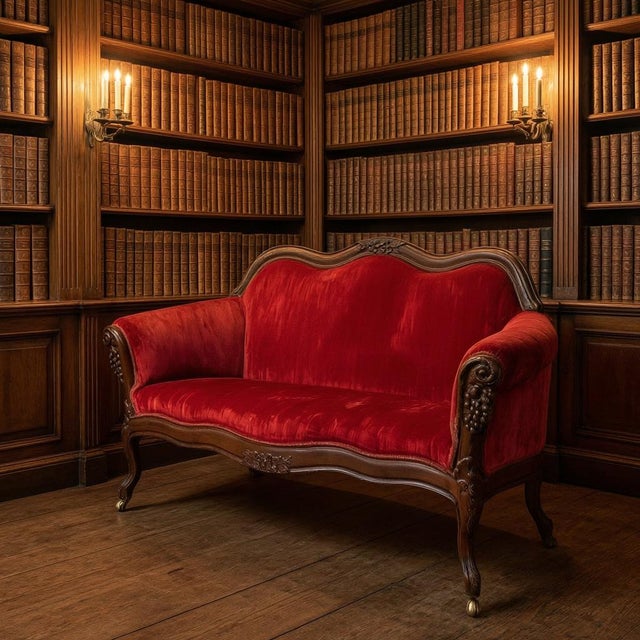 Mid 20th Century The Chateau Salon: Custom French Louis XV Rococo Revival Crimson Velvet Settee For Sale - Image 11 of 14