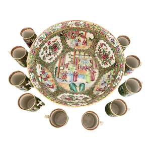Antique Chinese Rose Medallion Punch Bowl and Cups Set- 11 Pieces