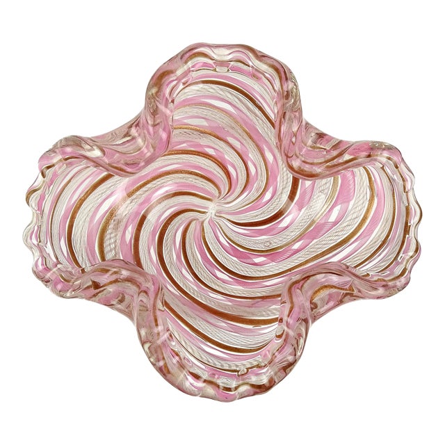 Vintage Murano Fratelli Toso Pink White Copper Aventurine Ribbons Italian Art Glass Scalloped Rim Bowl For Sale