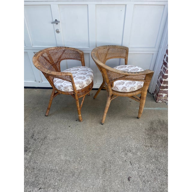Brown Pair of Barrel Back Woven Rattan Chairs For Sale - Image 8 of 12