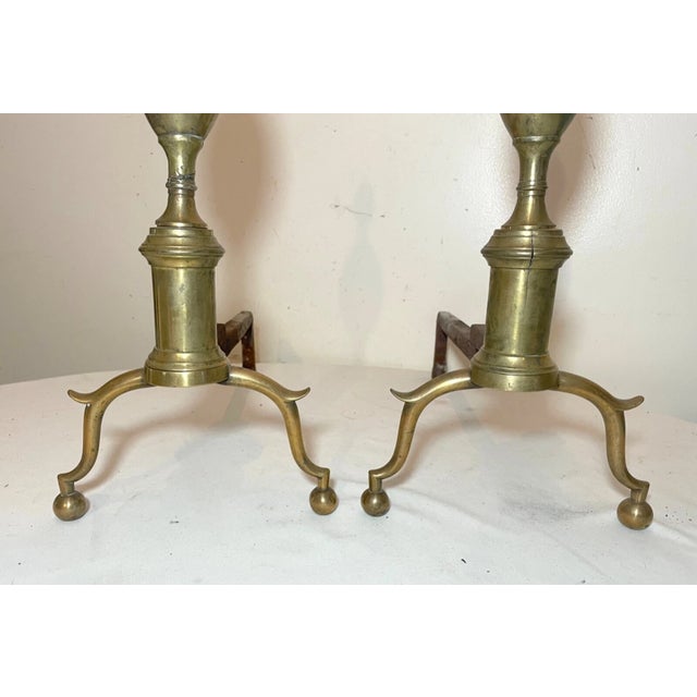 18th Century Pair of Antique 1700's Peened Brass Wrought Iron Federal Double Lemon Andirons For Sale - Image 5 of 14