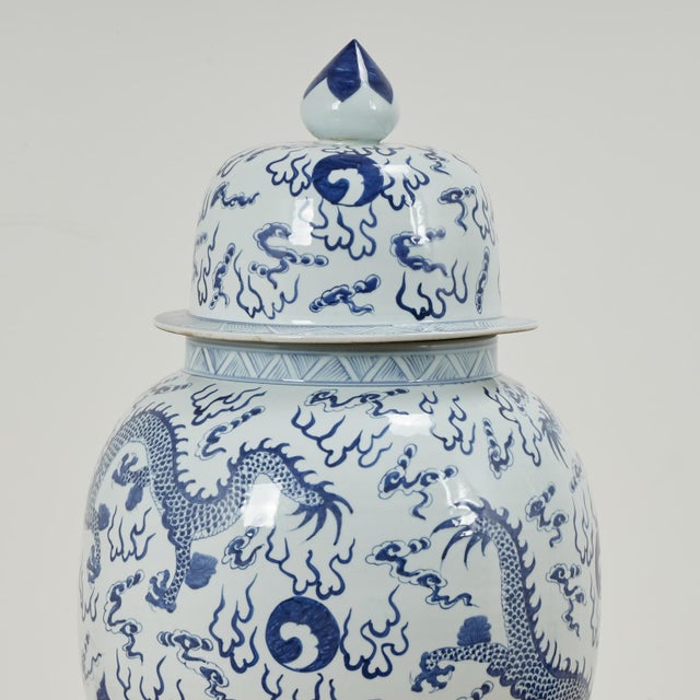 Pair of Chinese Blue and White Porcelain Dragon Palace Urns For Sale - Image 9 of 13
