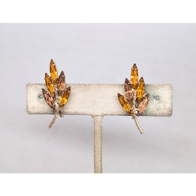 Metal Vintage 1960s Signed Napier Faux-Topaz & Faux-Citrine Leaf Clip Earrings - 2 Pieces For Sale - Image 7 of 9