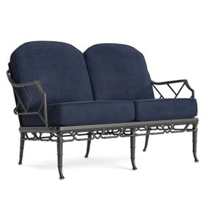 Brown Jordan Calcutta Loveseat, Textured Pewter frame with Fusion Neptune fabric For Sale