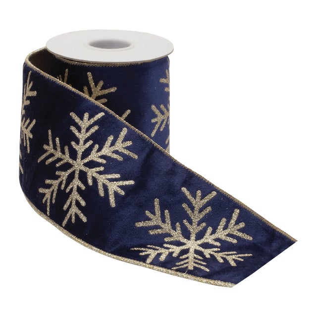 Celebrate the winter season with this glittered snowflake wired ribbon. Featuring a rich navy blue tone with chic gold...