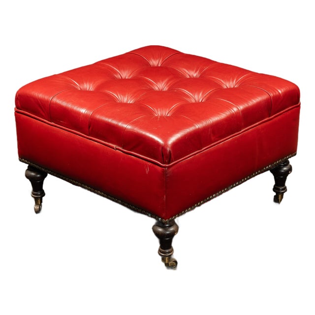 Vintage Tufted Leather Rolling Ottoman Trunk in Red For Sale