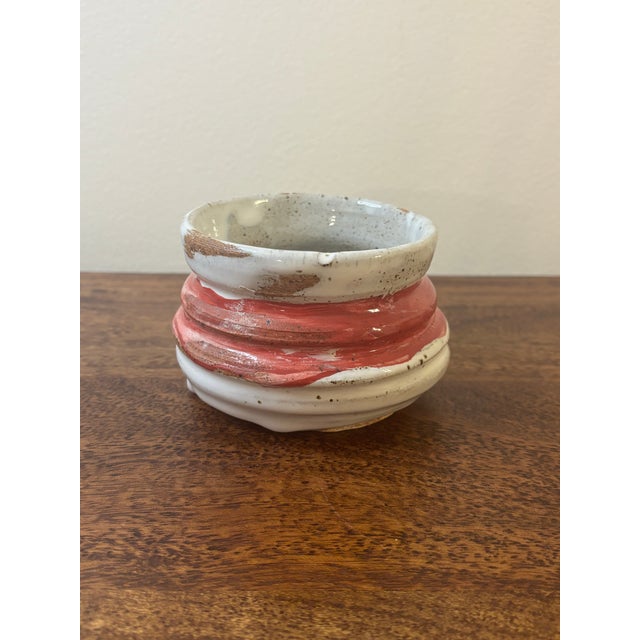 Mid-Century Modern Vintage American Studio Pottery Vase - White Glaze Red Stripe Signed For Sale - Image 3 of 5