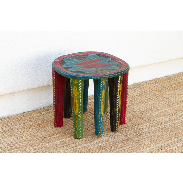 Tribal Motif Painted African Nupe Stool For Sale - Image 4 of 8