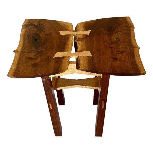 Hand Crafted Live Edge Butterfly Table in Walnut and Curly Maple by Artist Keith R. Allen For Sale