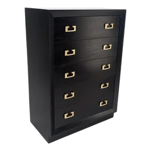 Ebonized Black Lacquer Mahogany Tall 5 Drawers Dresser Gold Bracket Pulls MNT
