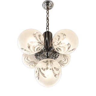 Vintage Art Deco Style Chandelier with Etched Glass Shades and Chrome Finish, 1970s For Sale