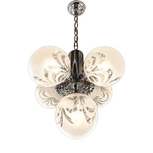 Vintage Art Deco Style Chandelier with Etched Glass Shades and Chrome Finish, 1970s For Sale