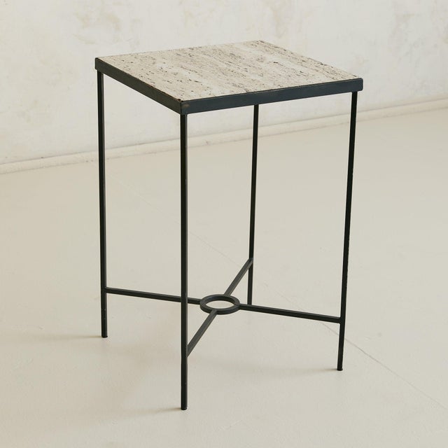 Modern Tall French Iron + Travertine End Table, 1960s For Sale - Image 3 of 7
