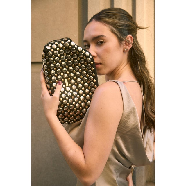 Animal Skin Aya Studded Frame Clutch in Black / Gold / Silver For Sale - Image 7 of 7