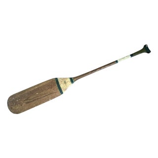 Antique Early 20th Century Hand Painted Monogrammed Wooden Canoe Paddle / Boat Oar With Olive Green, White & Black Striping, Circa 1920 For Sale