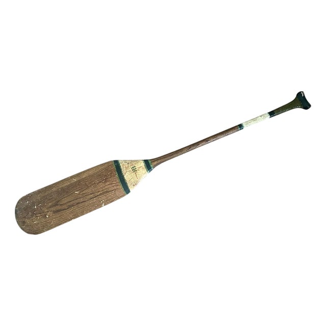 Antique Early 20th Century Hand Painted Monogrammed Wooden Canoe Paddle / Boat Oar With Olive Green, White & Black Striping, Circa 1920 For Sale