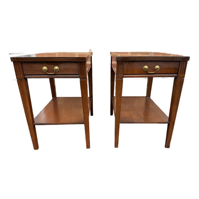 Pair of Vintage Mersman Federal Style 2 Tiered Tables With Drawer For Sale