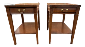 Pair of Vintage Mersman Federal Style 2 Tiered Tables With Drawer