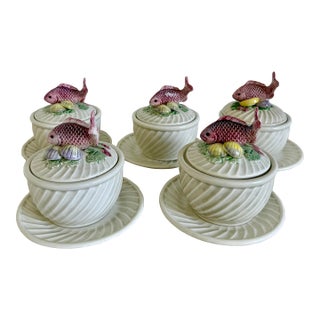 Fitz & Floyd Soup Bowl and Saucer Set With Lid Fishes - Set of 5 For Sale