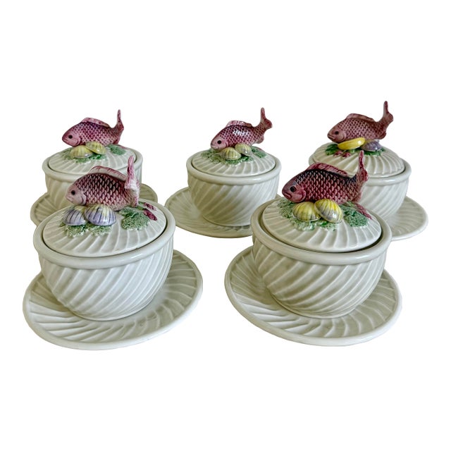 Fitz & Floyd Soup Bowl and Saucer Set With Lid Fishes - Set of 5 For Sale