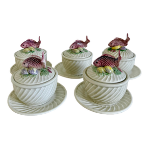 Fitz & Floyd Soup Bowl and Saucer Set With Lid Fishes - Set of 5