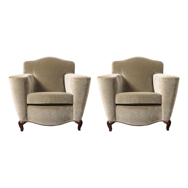 Pair of Art Deco Sinuous Club Chairs in Taupe Mohair & Walnut Supports For Sale