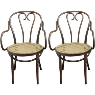 Bentwood Thonet Inspired Stamped Arm Chairs - Pair For Sale