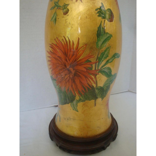 Gorgeous vintage reverse decoupage hurricane glass globe table lamp on a chinoiserie carved wood stand. Entire interior...