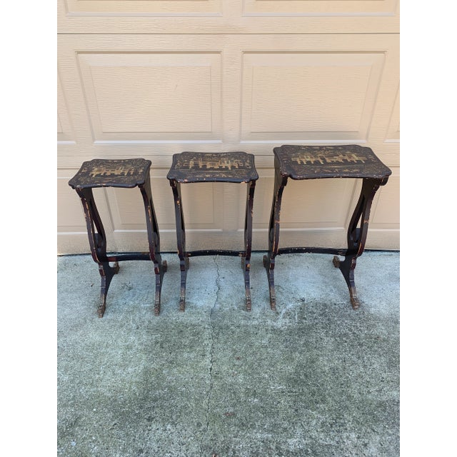 Victorian Regency Chinoiserie Nesting Tables With Gilt Scenes and Carved Feet For Sale - Image 3 of 12