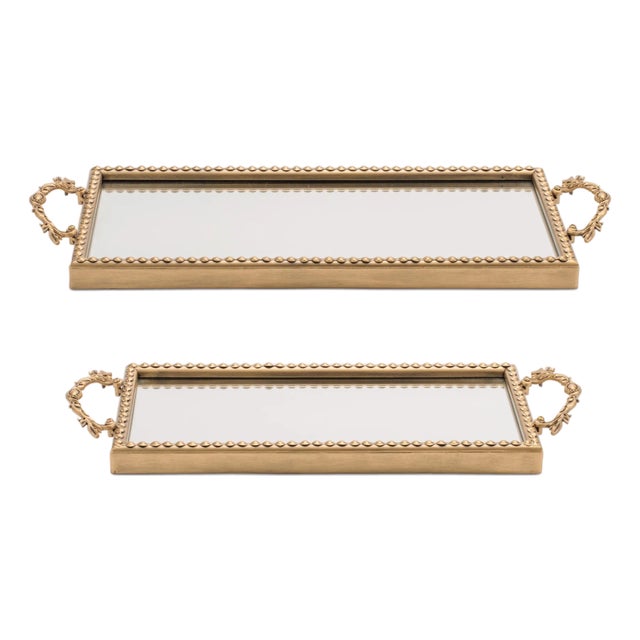 Gold Beaded Mirror Tray (Set of 2) For Sale
