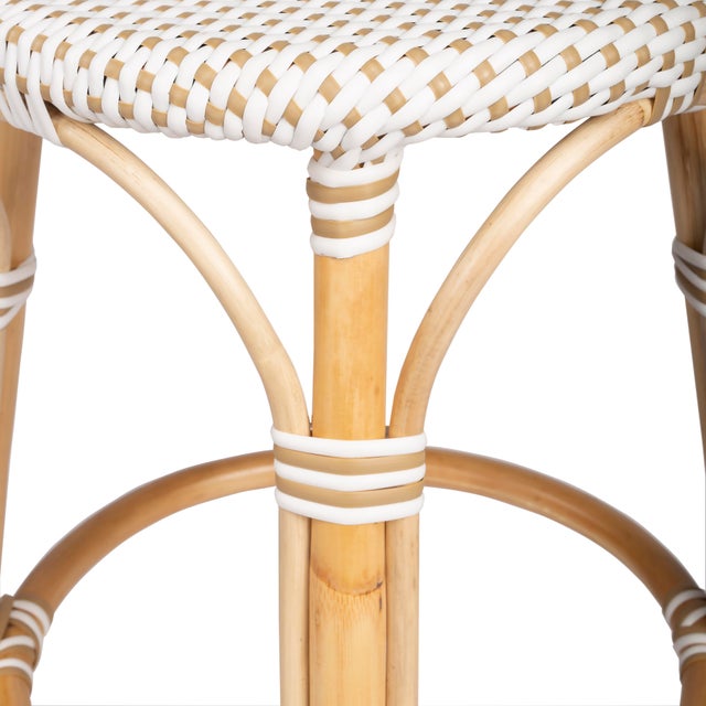 Alabaster Tobias 24 in. Seat Height Round Rattan Backless Counter Stool, White/Tan Dot / Natural Rattan Frame For Sale - Image 8 of 9