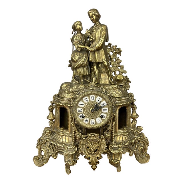 Vintage Brass Figural Mantel Clock For Sale