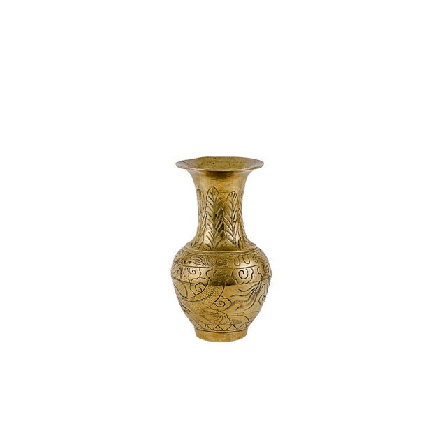 Pair of Vintage Chinese Etched Brass Vases For Sale - Image 4 of 11