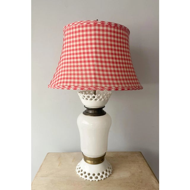Gorgeous, American vintage milk glass lamp with a lattice design and brass hardware. Custom red and white gingham plaid...