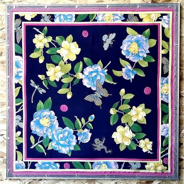 Beautiful large silk scarf by “Adrienne Landau Studio” framed in wood and steel. The steel frame is a silver tone mesh...