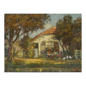Early 20th Century Dutch Impressionist Summer Cottage With Chickens