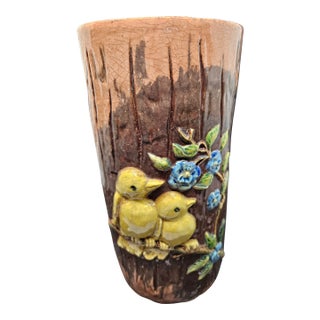 Vintage MCM Majolica Vase Bird and Spring Motif Signed I. Luyo, 1970 1 For Sale