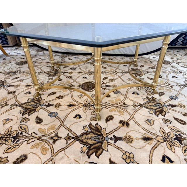 Hollywood Regency Maison Jansen Style Brass and Glass Hexagonal Coffee Table For Sale - Image 3 of 5