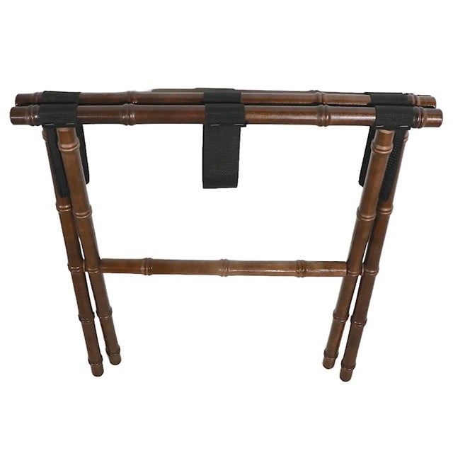 Vintage folding valet stand in solid wood faux bamboo, with cloth weave straps. This chic example is in excellent,...