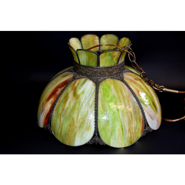 Antique Avocado Ceiling Light Shade With Slag Glass and Bronze Bands For Sale - Image 11 of 18