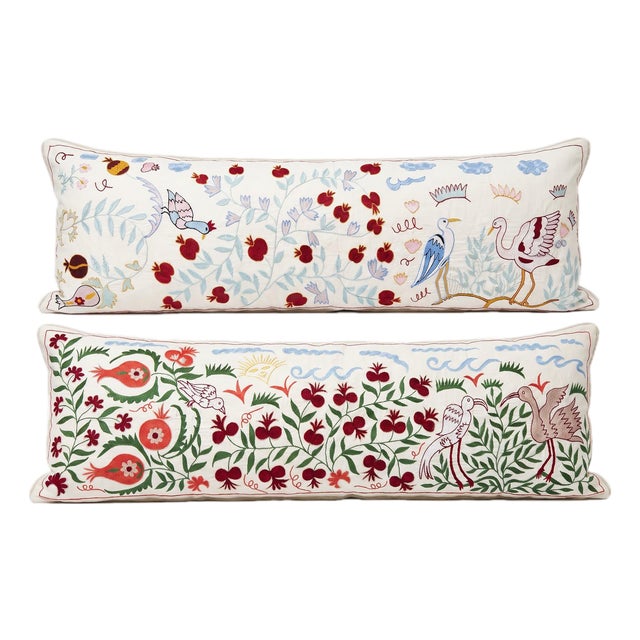 White Bird Suzani Lumbar Pillow Cover 18'' X 53'' - Set of Two For Sale
