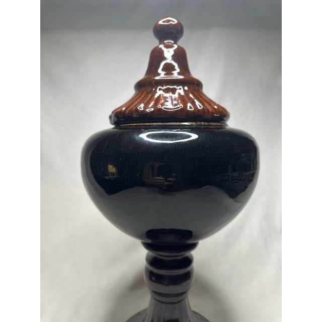 Neoclassical Crackle Glazed Ceramic Lidded Urn, Large, Brown and Black For Sale - Image 10 of 12