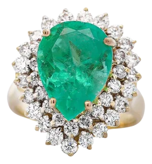 5.75 Carat Pear Cut Colombian Emerald Diamond Halo 18k Gold Emerald Ring