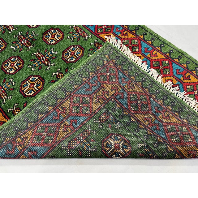Green Tribal Geometric Hallway Runner Rug With Red and Turquoise Border, 2'9" X 16'1" For Sale - Image 12 of 13