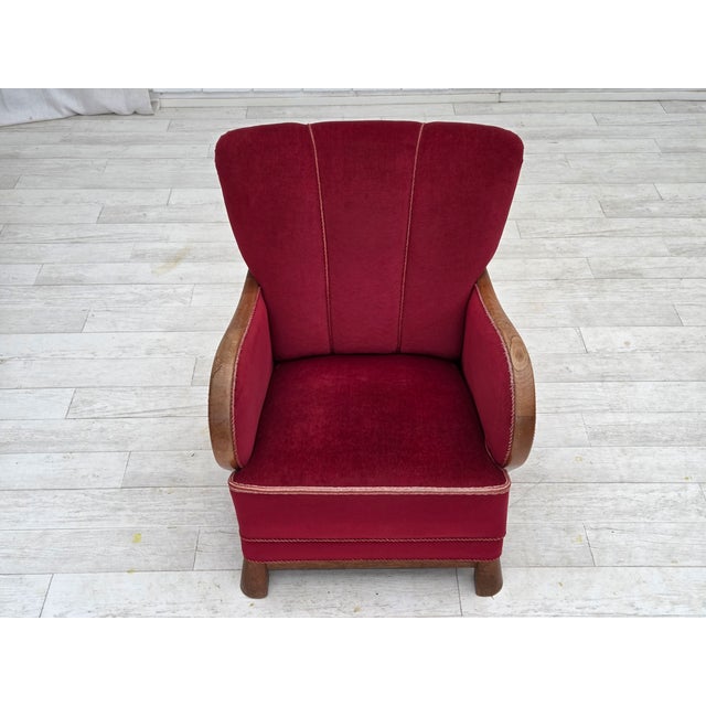 Danish Armchair in Red Velour and Oak, 1950s For Sale - Image 4 of 17